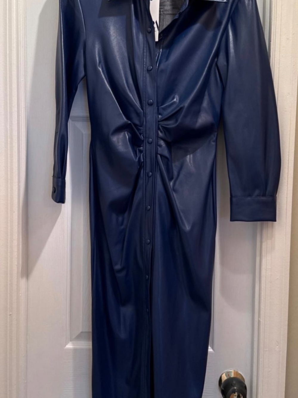NWT Zara Faux Leather Blue Ruched Shirt Dress, Size M - Picture 3 of 9